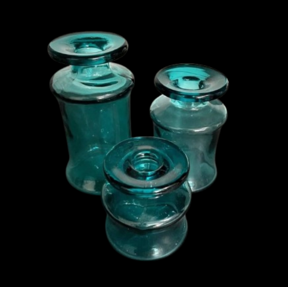 *Dansk Designs Turquoise Glass Ink Bottle Vases/Candleholders FRANCE Set of 3